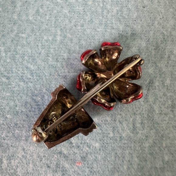 Vintage JUDITH JACK Red Enamel Sterling Flower in Pot Marcasite Pin Brooch - Picture 4 of 7